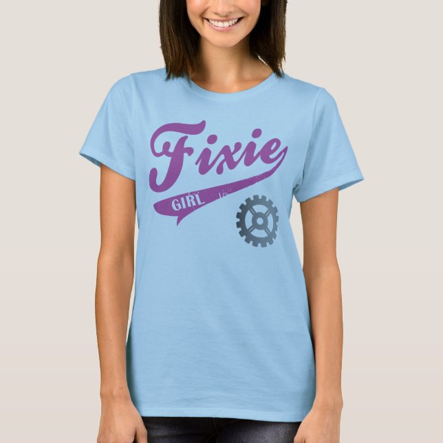 T-shirts Garota Fixa, Rosa design de bicicleta/cinza (Frente)