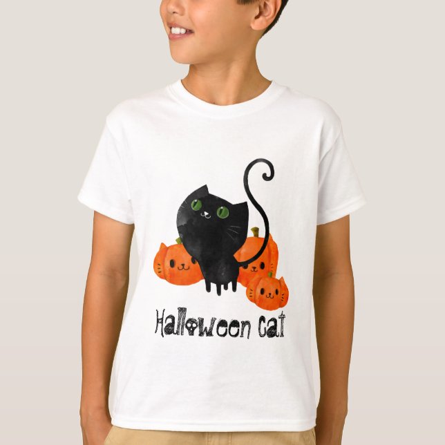 T-shirts Gato bonitinho do Halloween com abóboras (Frente)