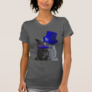 T-shirts Gato Cinza com chapéu azul e bigode azul