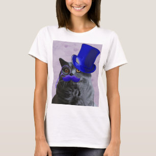 T-shirts Gato de Cinza com chapéu azul e bigode