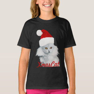 T-SHIRTS GATO DE NATAL BRANCO COM CHAPÉU DE SANTA CLAUS