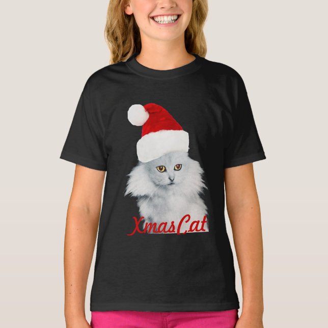 T-SHIRTS GATO DE NATAL BRANCO COM CHAPÉU DE SANTA CLAUS (Frente)