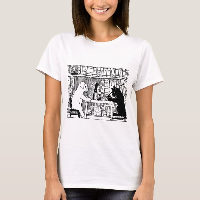 T-shirts Gato e Cão na Biblioteca (Frente)