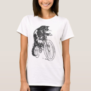 T-shirts Gato preto do vintage na bicicleta