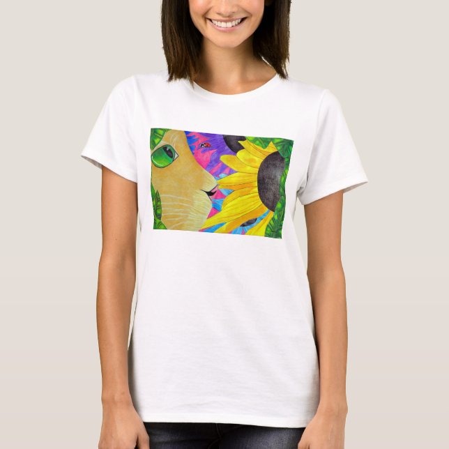 T-shirts Gato Verde-Eyed com joaninha e flor (Frente)