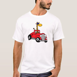 T-shirts Girafa Funky que conduz o Convertible vermelho