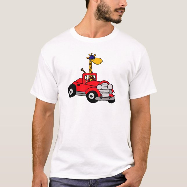 T-shirts Girafa Funky que conduz o Convertible vermelho (Frente)