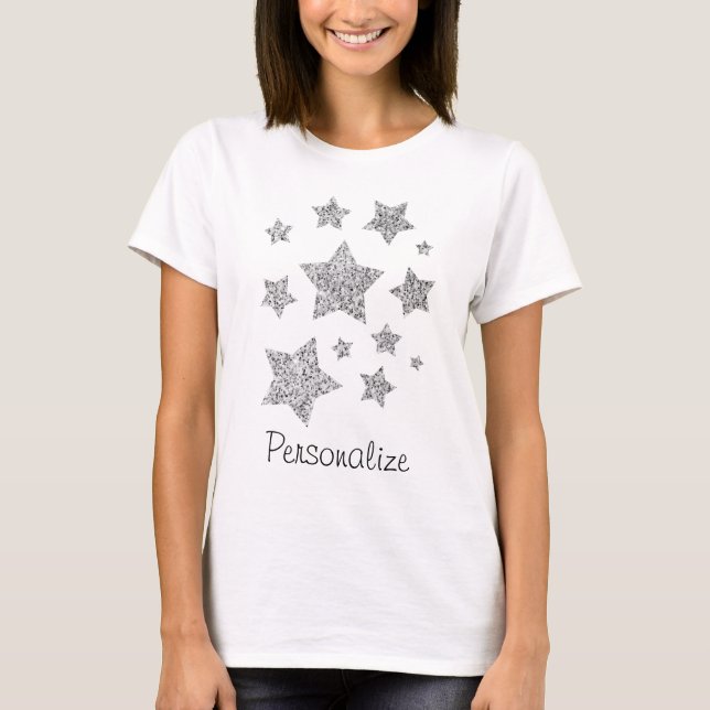 T-shirts Glitor prateado brilha Estrelas Personalizar (Frente)