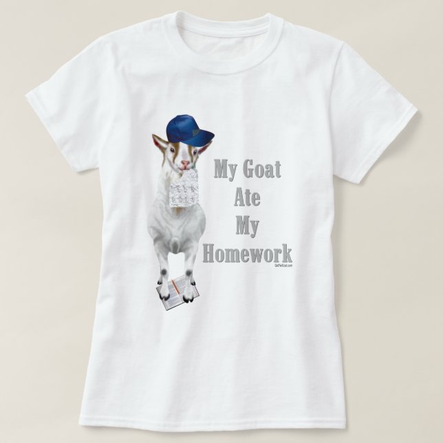 T-shirts Goat Engraçado Comeu Minha Casa (Frente do Design)