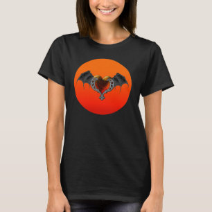 T-shirts Gótico de Halloween Coração Laranja e Asas de Bat 