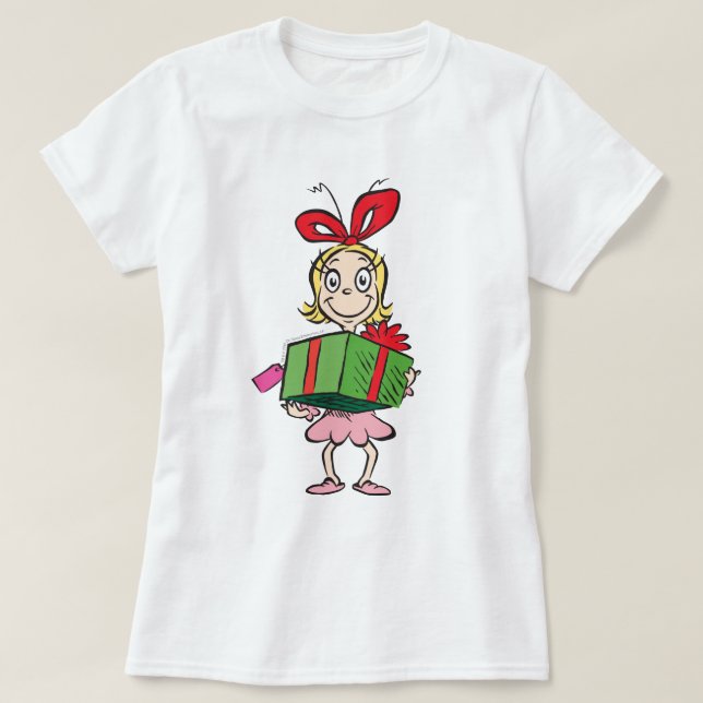 T-shirts Grinch | Cindy-Lou Who - Segurando Presente (Frente do Design)