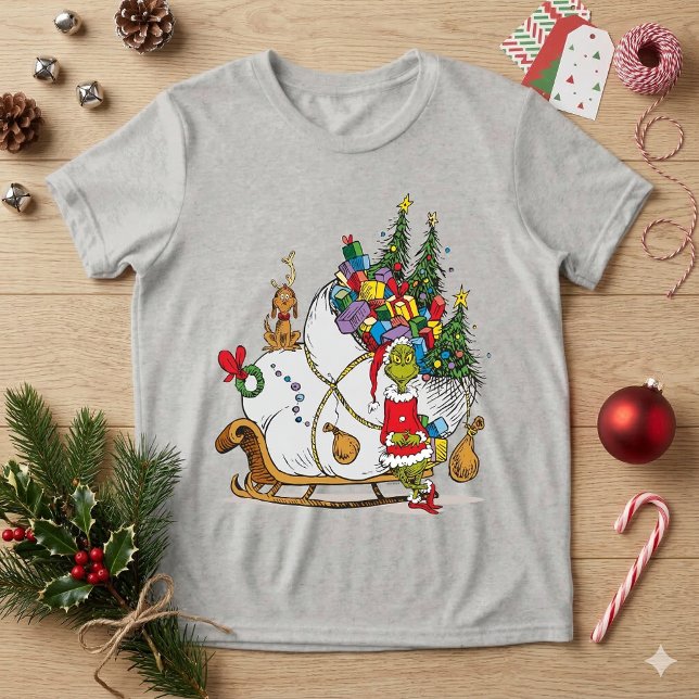 T-shirts Grinch Clássico | Grinch & Max com Trenó (Criador carregado)