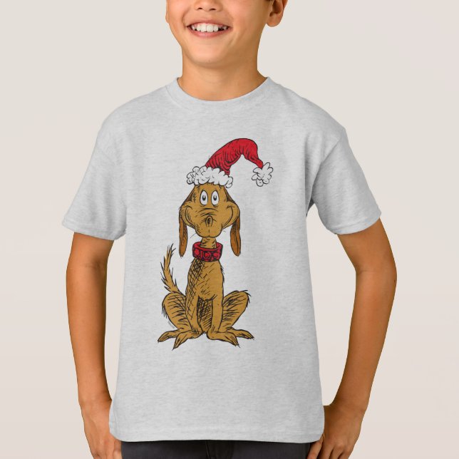 T-shirts Grinch Clássico | Max - Chapéu de Papai Noel (Frente)