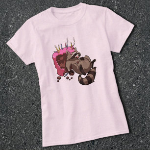 T-shirts Guaxinim Guloso Cheio de Bolo de Aniversário Carto