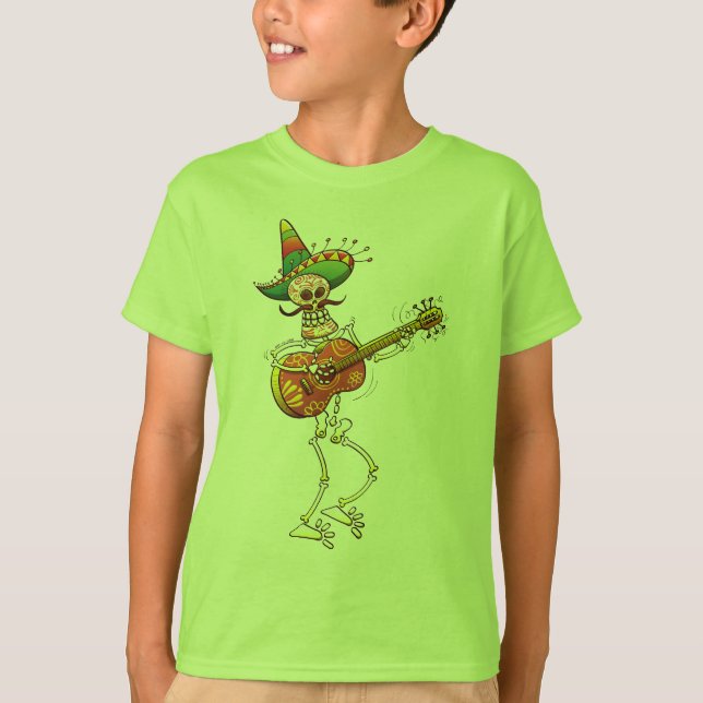 T-shirts Guitarra de jogo de esqueleto mexicana (Frente)