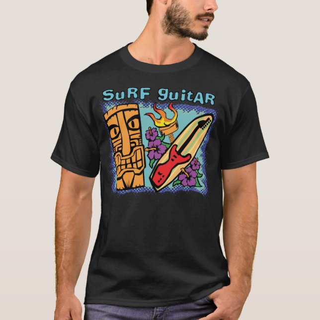 T-shirts Guitarra do surf: Tiki w/Torch e hibiscus (Frente)