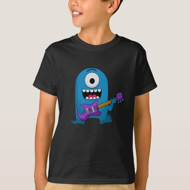 T-shirts Guitarrista azul bonito do monstro (Frente)