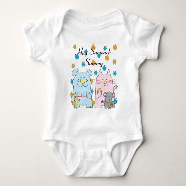 T-shirts Hanukkah Bebê Jersey Personalize "Abraço Sameach" (Frente)