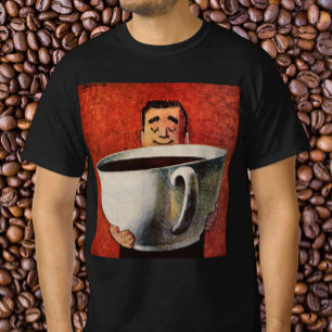 T-shirts Homem Feliz Vintage Bebendo Xícara Gigante de Café