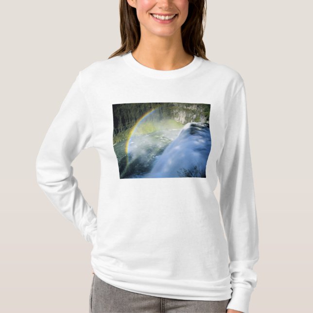 T-shirts Idaho. EUA. Arco-íris na névoa acima de Upper Mesa (Frente)