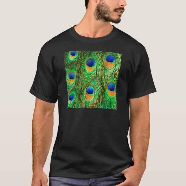 T-shirts Impressão de Penas de Peacock Coloridas (Frente)