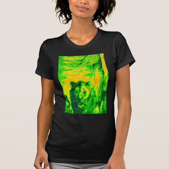 T-shirts Impressão Fluorescente de Arte Lion de Visão Notur (Frente)