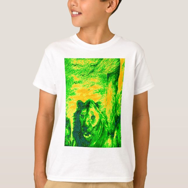 T-shirts Impressão Fluorescente de Arte Lion de Visão Notur (Frente)