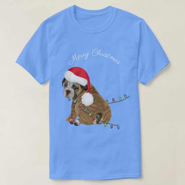 T-shirts Inglês Buldogue Puppy Natal (Frente do Design)