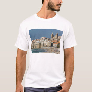 T-shirts Itália, Sicília, Cefalu, Cidade View com Duomo d