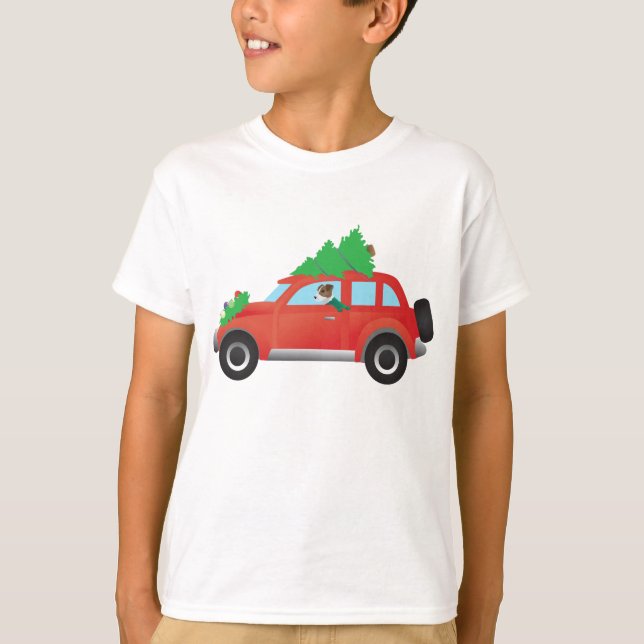 T-shirts Jack Russell Terrier dirigindo carro de Natal (Frente)