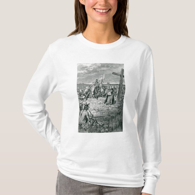 T-shirts Jacques Cartier que setting-up uma cruz em Gaspe (Frente)