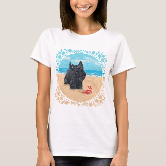T-shirts Jogando Scottish Terrier na praia (Frente)