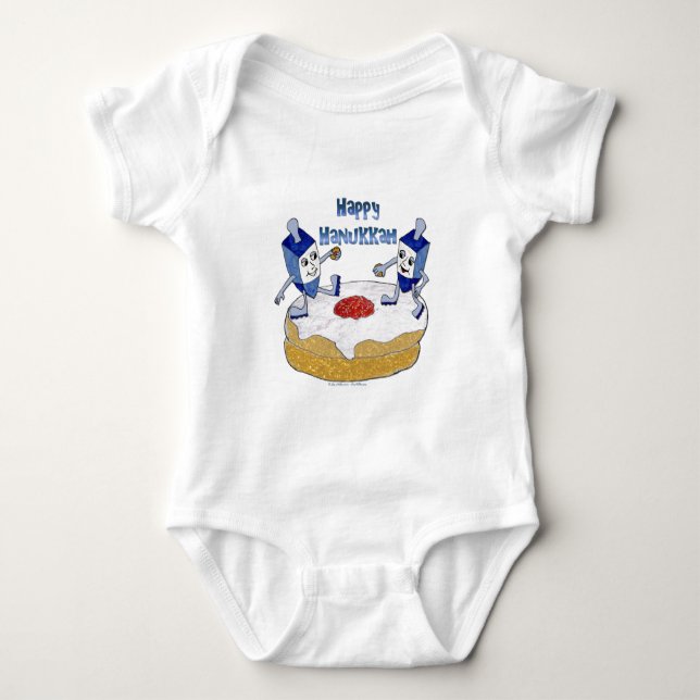 T-shirts Judaica Happy Hanukkah Dançando Dreidels Doughnut (Frente)