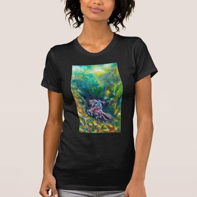 T-SHIRTS KNIGHT LANCELOT, HORSE ANDANDO NA FLORESTA VERDE (Frente)