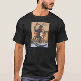 T-shirts Krampus montando um cavalinho de pau com um menino