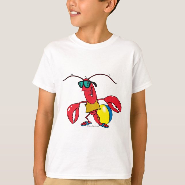T-shirts lagosta de desenho animado indo para a praia engra (Frente)