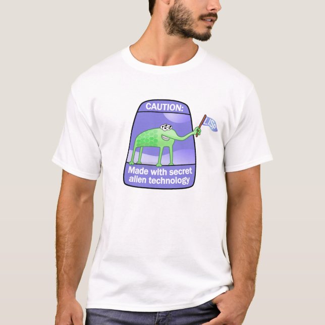 T-shirts Lisp: Feito com tecnologia estrangeira secreta (Frente)