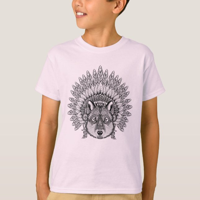 T-shirts Lobo inspirado na capota emplumada da guerra (Frente)