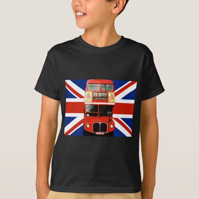 T-shirts Londres Souvenirs & Gifts with Bus and British Fla (Frente)