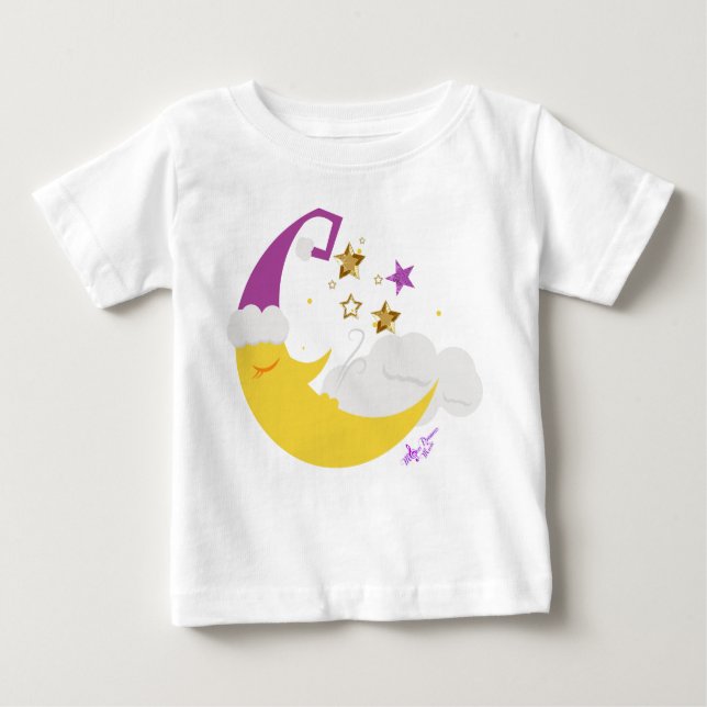 T-shirts Lua com sono, chapéu roxo e estrelas Douradas (Frente)