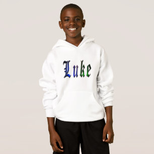 T-shirts Luke, Nome, Logotipo, Rapazes, Brancos, Fleece Hoo