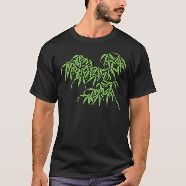 T-shirts Luz - folhas verdes do bambu no preto (Frente)