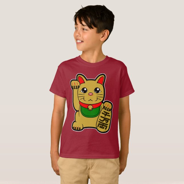T-shirts Maneki Neko: Dourado Gato Sortudo (Frente Completa)