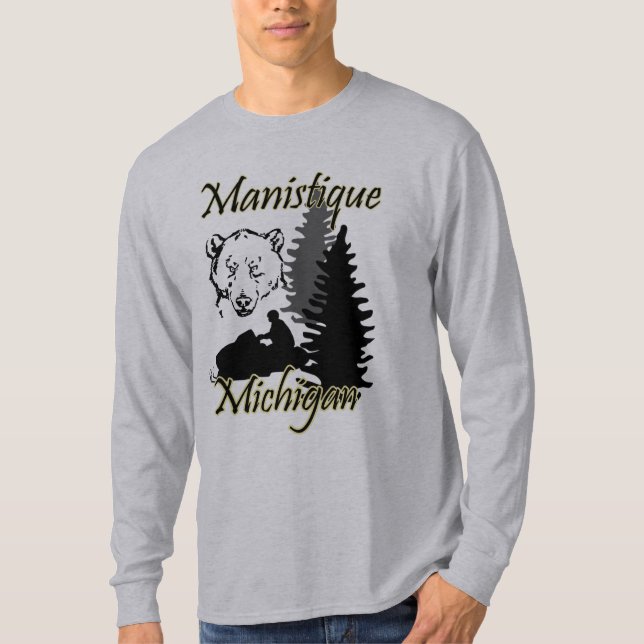T-shirts Manistique Michigan Snowmobile Bear Cinza (Frente)