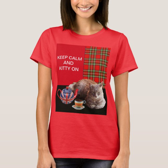 T-SHIRTS "MANTENHA A CALMA E O GATINHO LIGADOS", RED TARTAN (Frente)