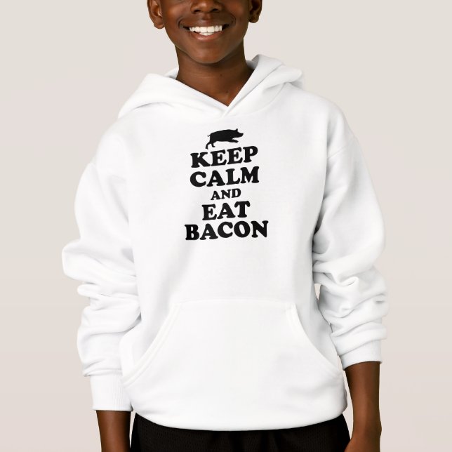 T-SHIRTS MANTENHA CALMO & COMA O HOODIE DO BACON (Frente)