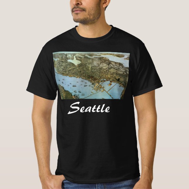 T-shirts Mapa Antigo Vista Aérea Cidade de Seattle Washingt (Frente)
