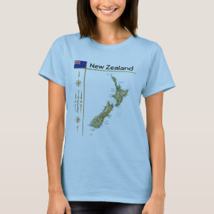 T-shirts Mapa da Nova Zelândia + Sinalizador + Título T-S