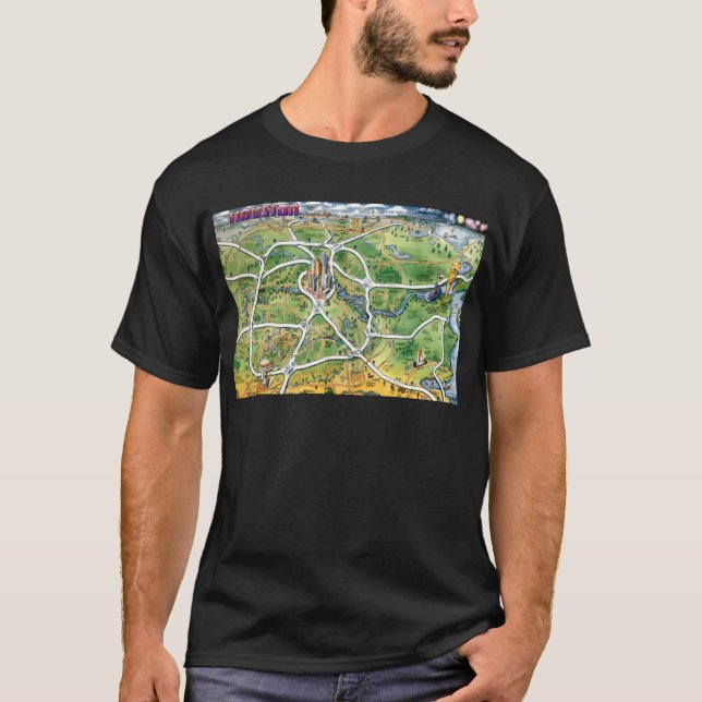 T-shirts Mapa de Cartoons de Houston Texas (Frente)