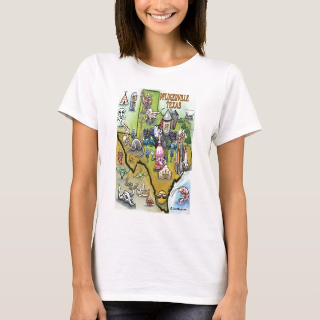 T-shirts Mapa de Cartoons do Texas em Pflugerville (Frente)